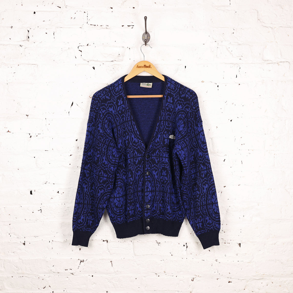 80s-90s usa製 LACOSTE blue knit cardigan Lacoste Pattern Knit 90s Cardigan - Blue - XS – Headlock