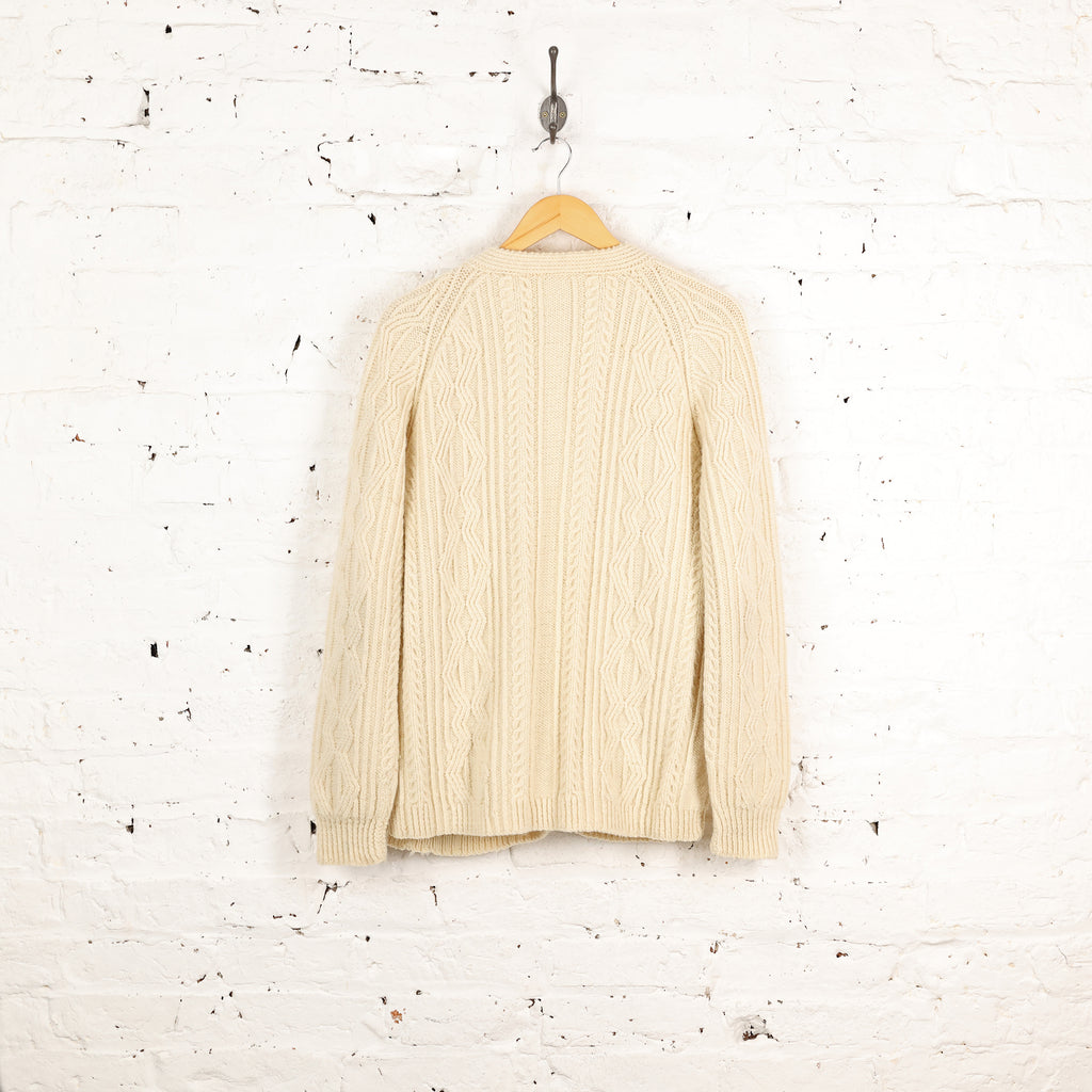 Aran Cable Knit Wool Cardigan - Cream - M