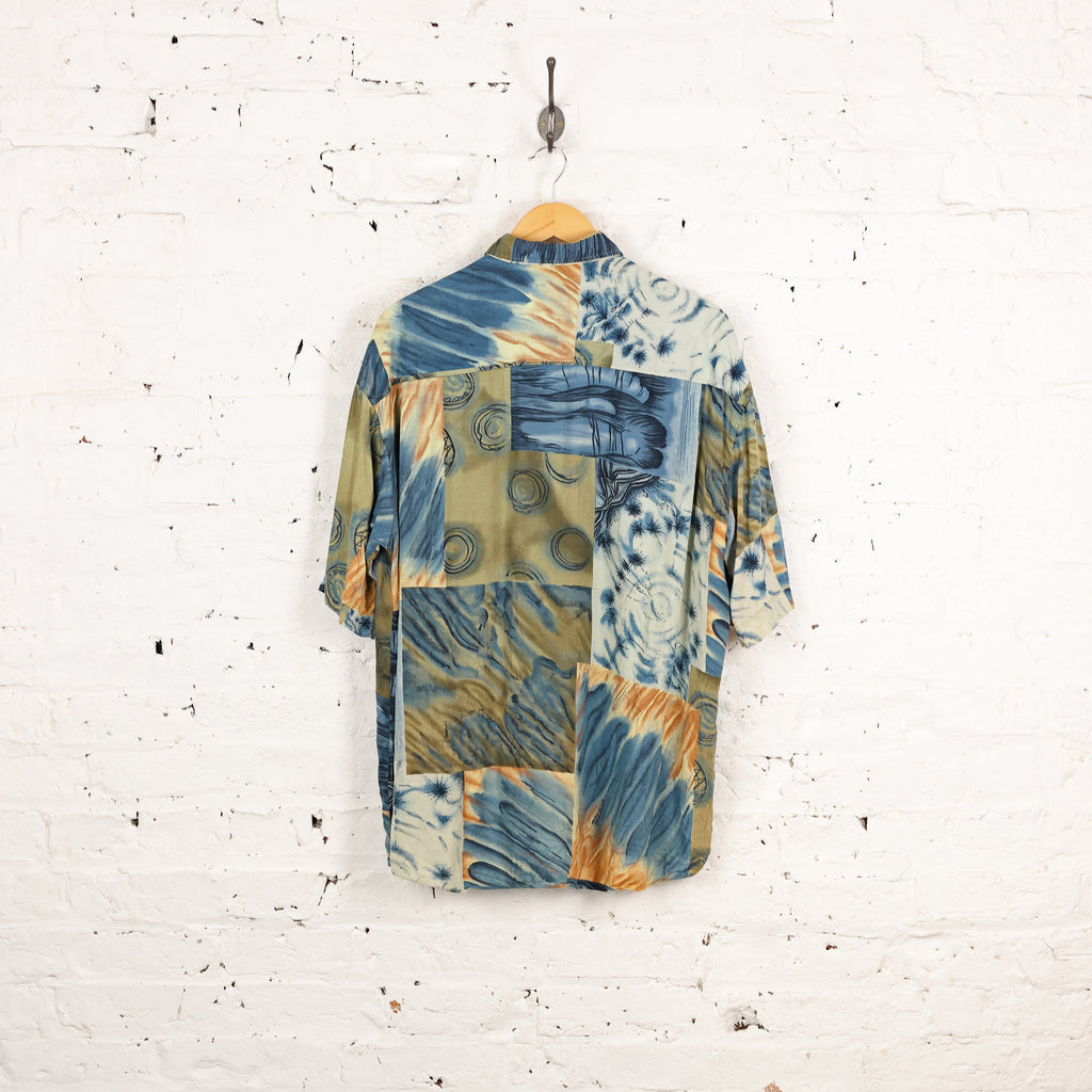 90s Short Sleeve Pattern Shirt - Blue - L