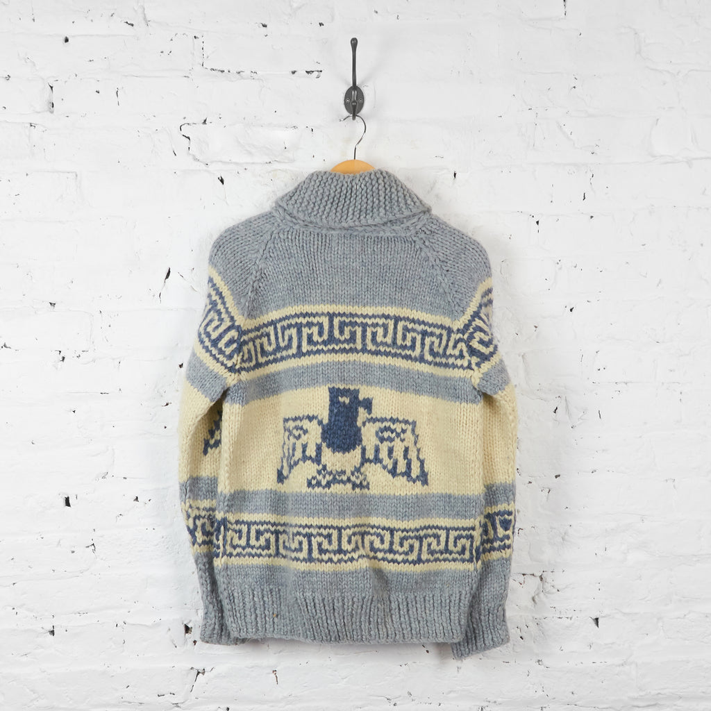 Vintage Cowichan Knitted Cardigan Jumper - Grey/Cream - L - Headlock