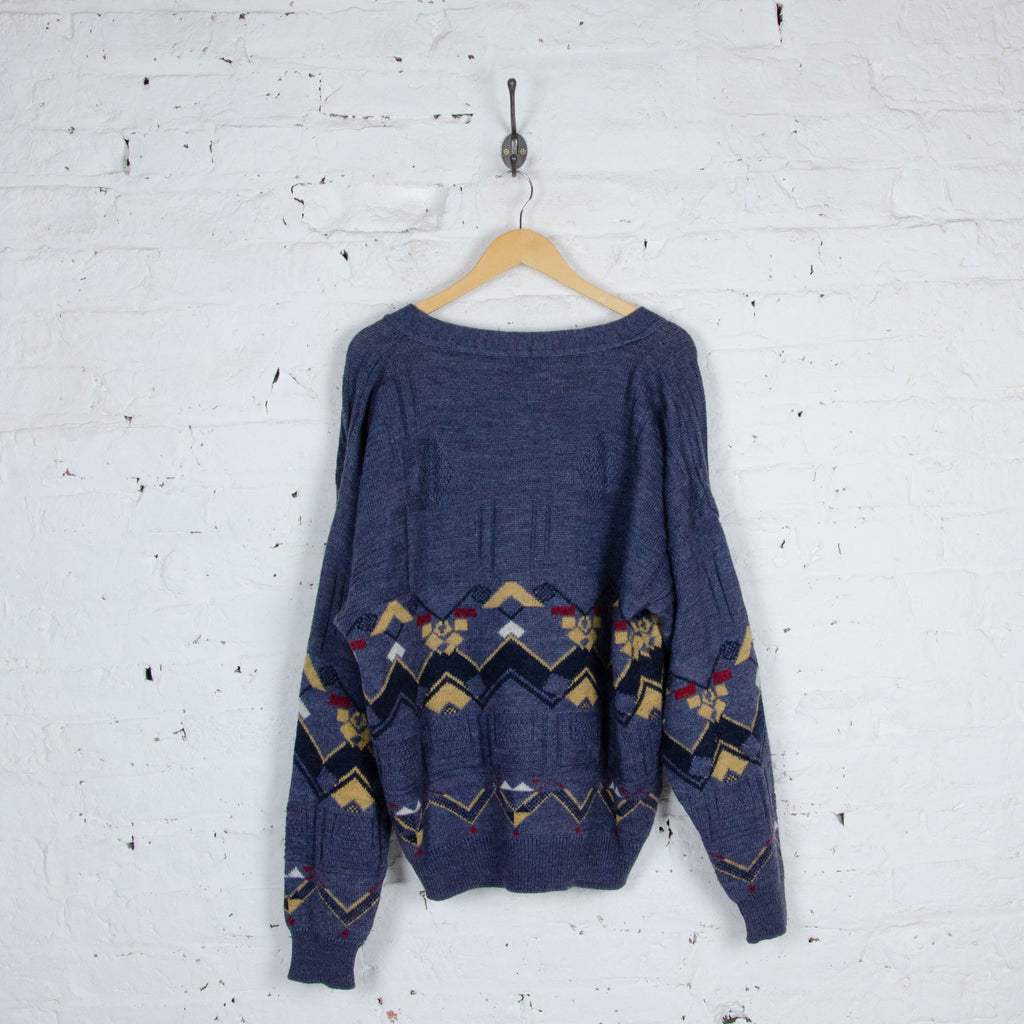 90s Pattern Knit Cardigan - Blue - XL