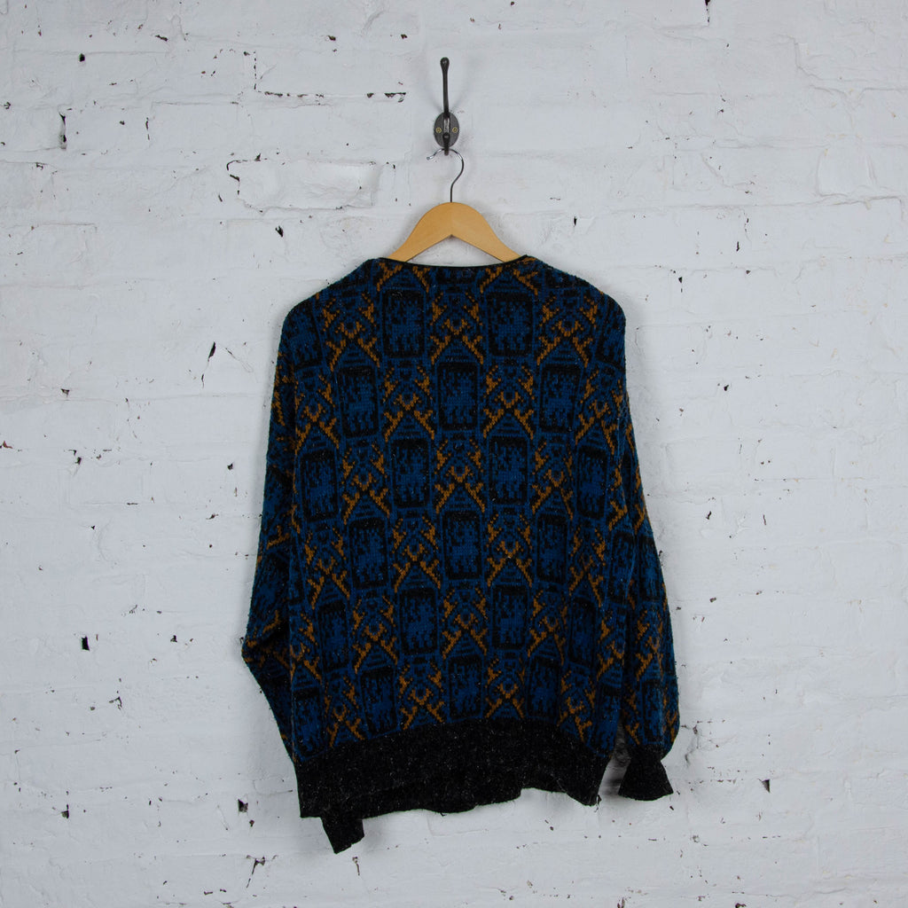 90s Pattern Knit Cardigan - Blue - L