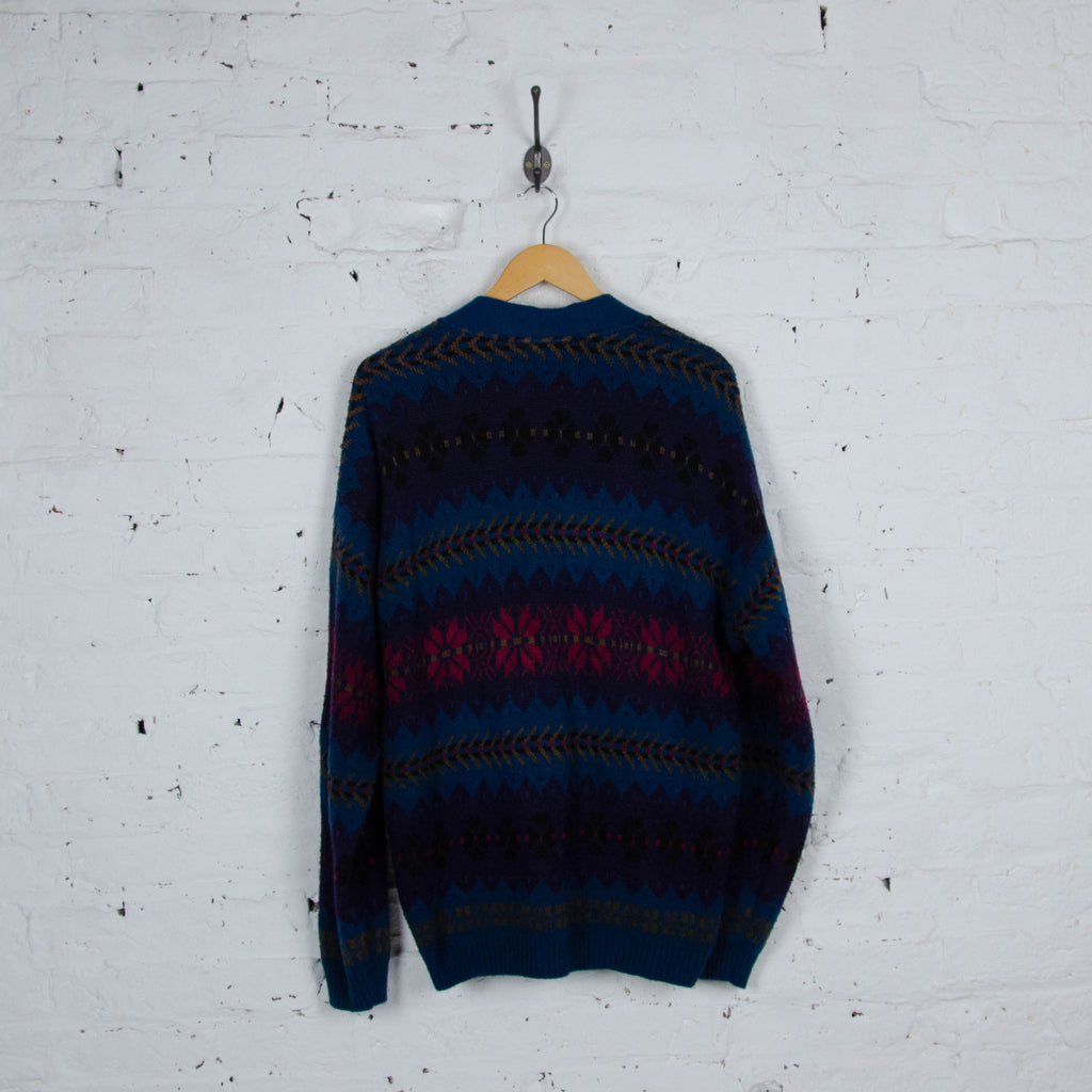 90s Pattern Knit Cardigan - Blue - L