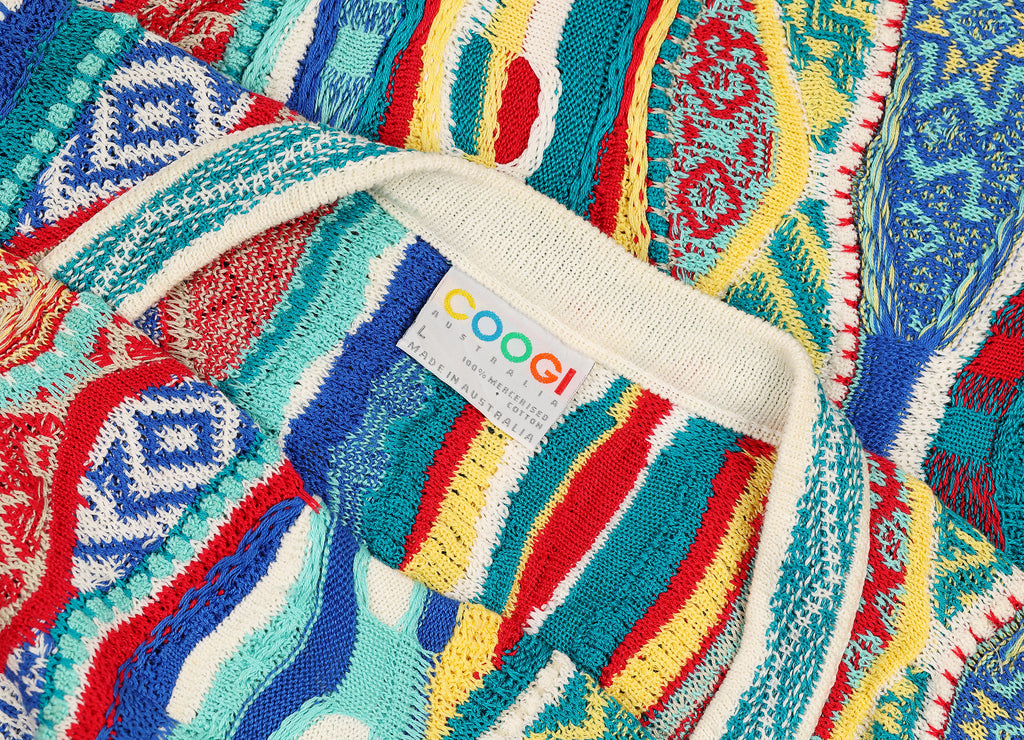 Coogi Texture Knit Pattern Cardigan - Blue/Green/Yellow - L