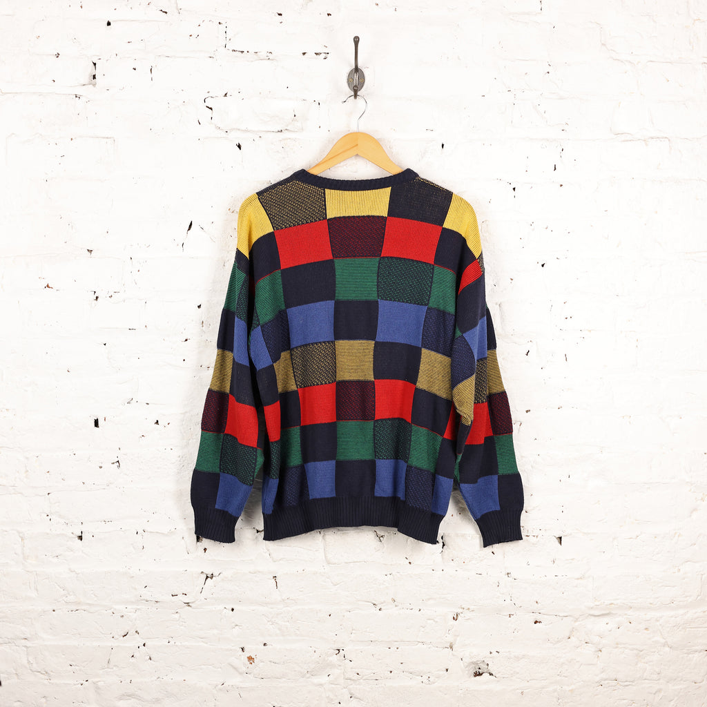 90s Squares Pattern Knit Jumper - Blue - XL