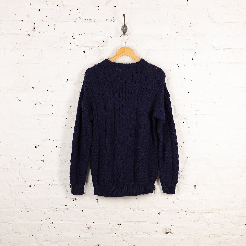 Aran Cable Knit Wool Jumper - Blue - M