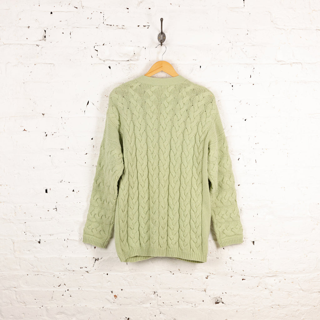 Women's Aran Cable Knit Wool Cardigan - Green - Women's L