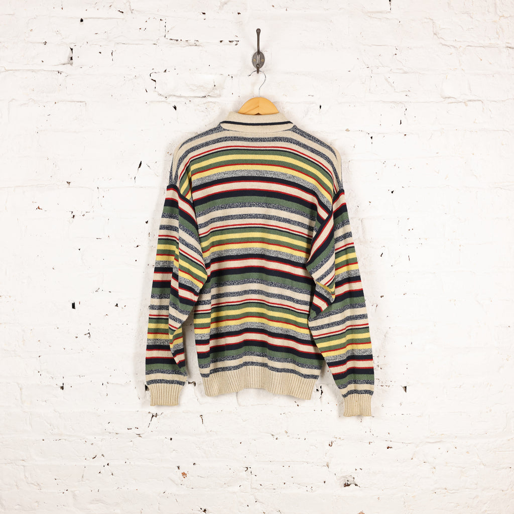 90s Collared Striped Knit Jumper - Beige - L