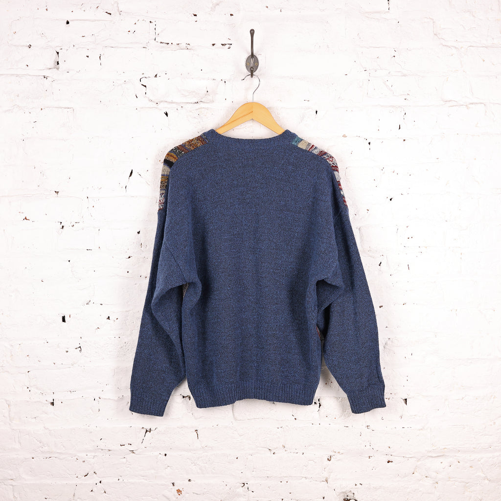 90s Texture Pattern Knit V Neck Jumper - Blue - M