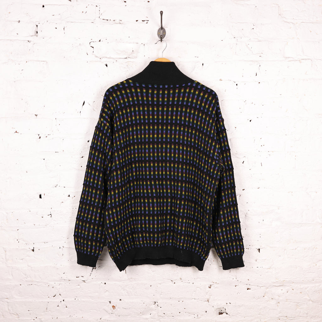 90s 1/4 Zip Pattern Knit Jumper - Black - XL