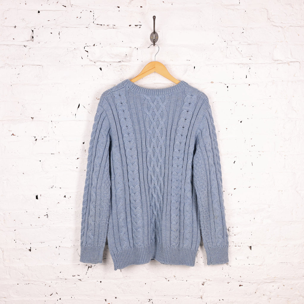 Aran Cable Knit Wool Jumper - Blue - L