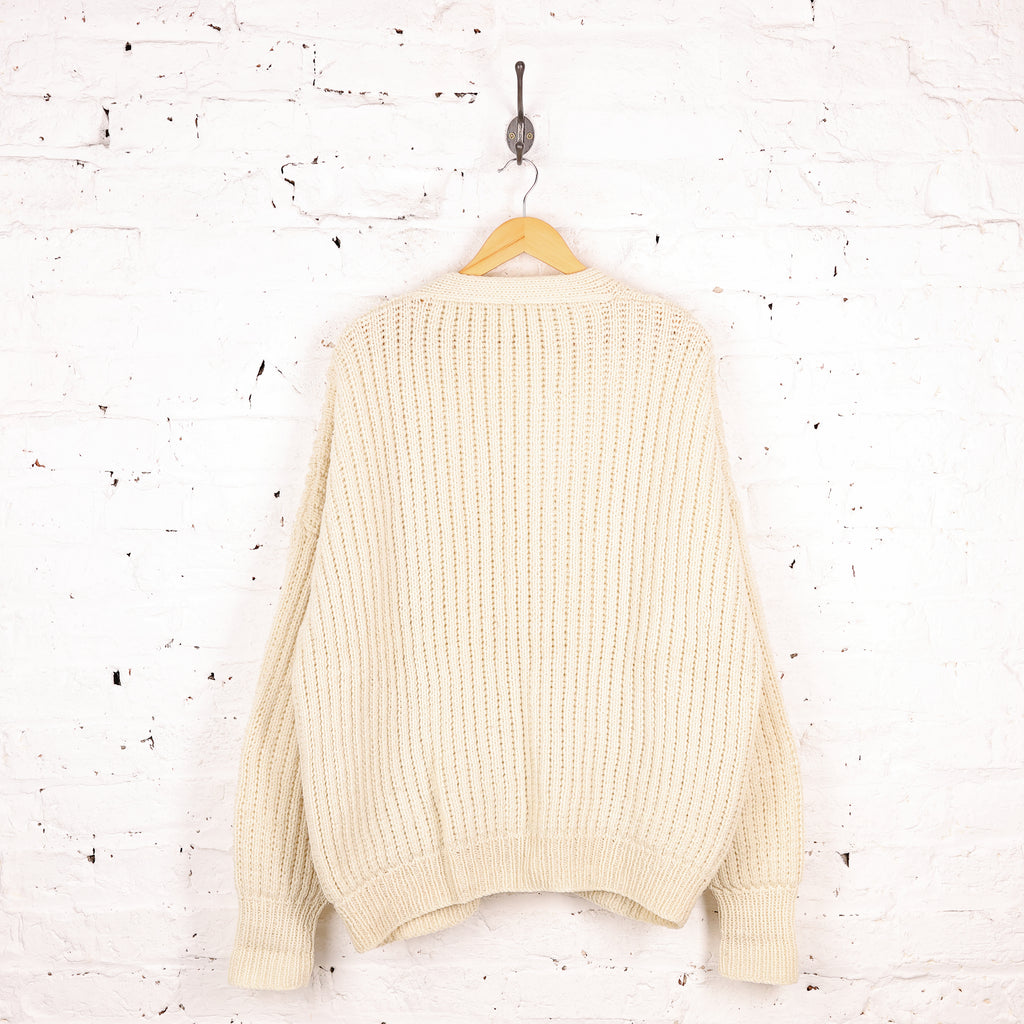 Wool Fisherman Knit Ribbed Cardigan  - Cream - XL