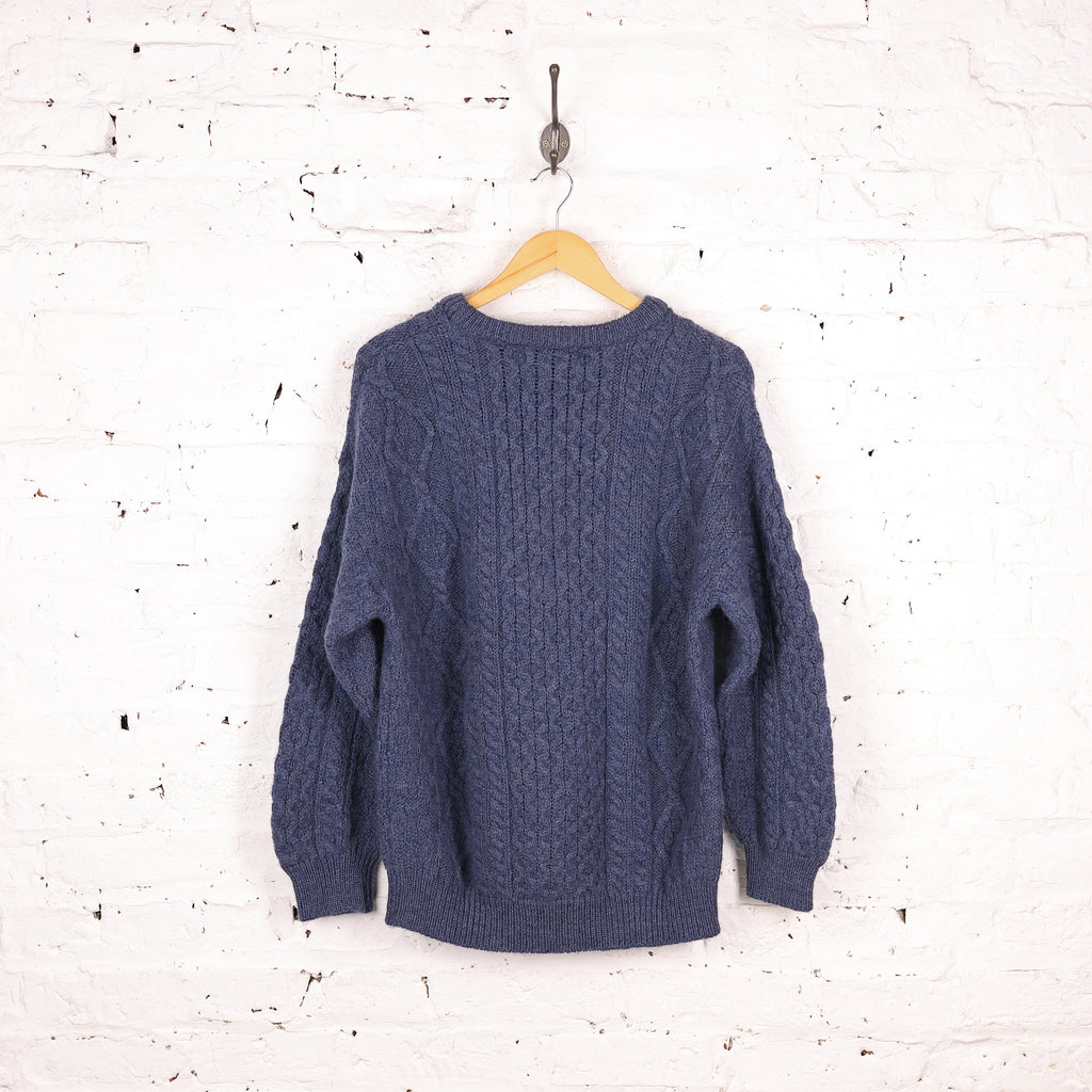 Aran Cable Knit Wool Jumper - Blue - XL