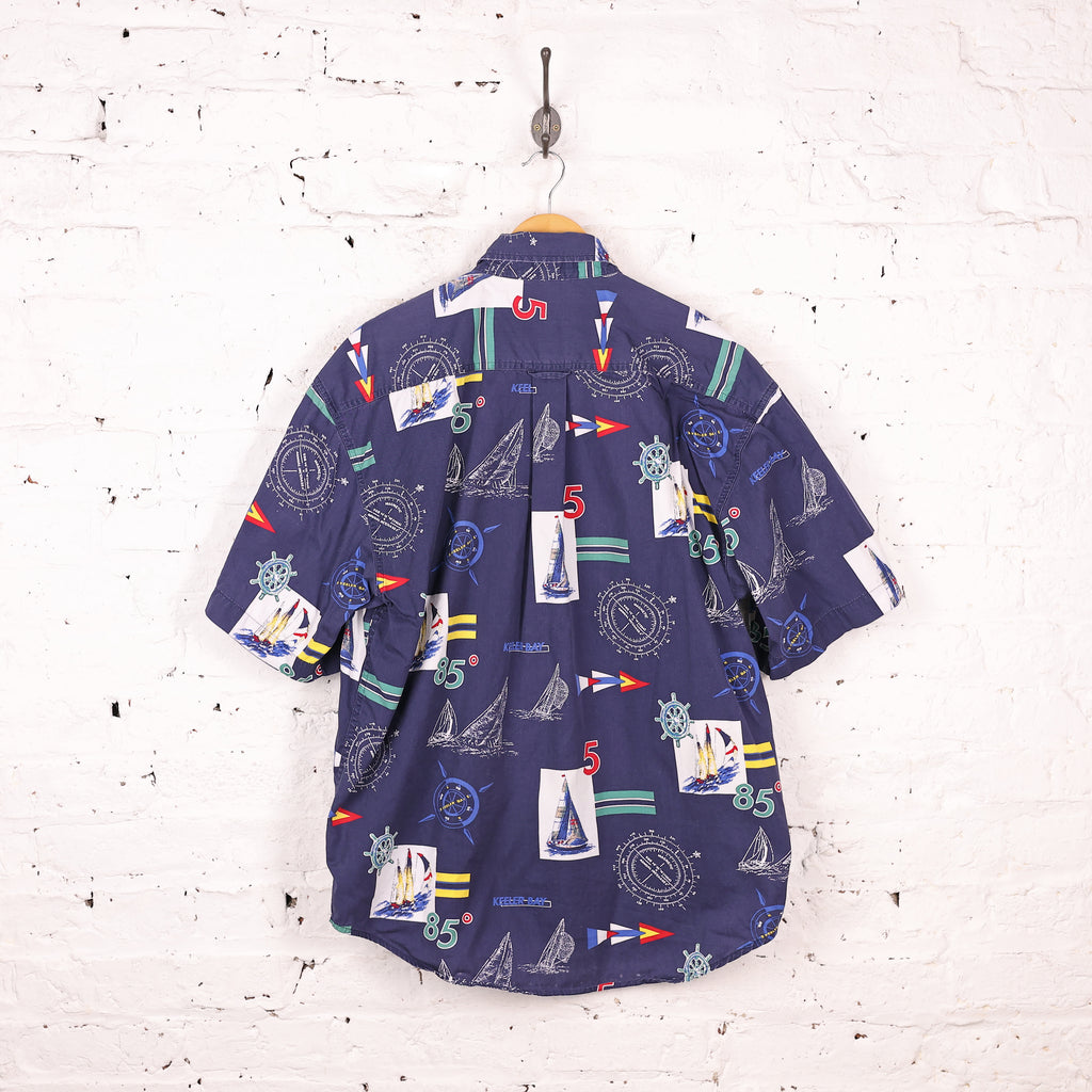 90s Boats Sailing Pattern Shirt - Blue - L