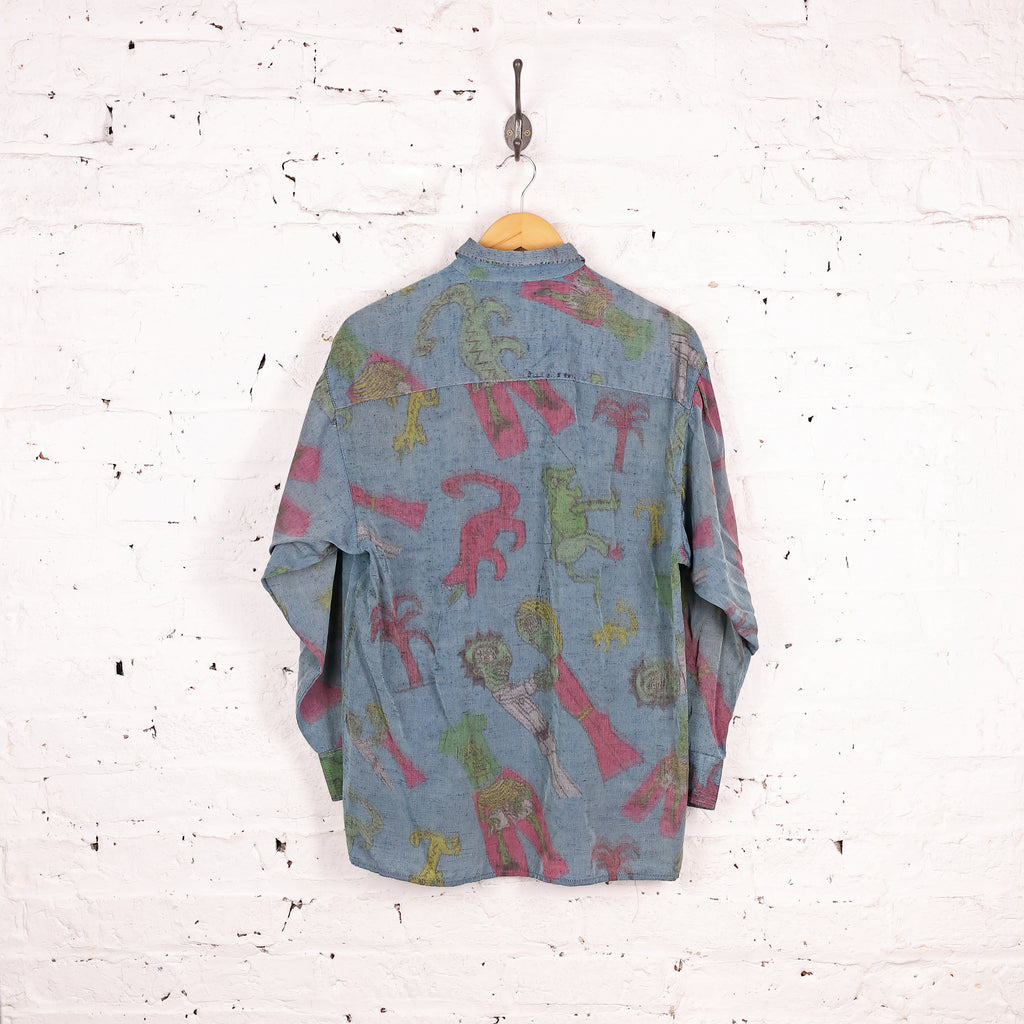 90s Long Sleeve Pattern Shirt - Blue - L