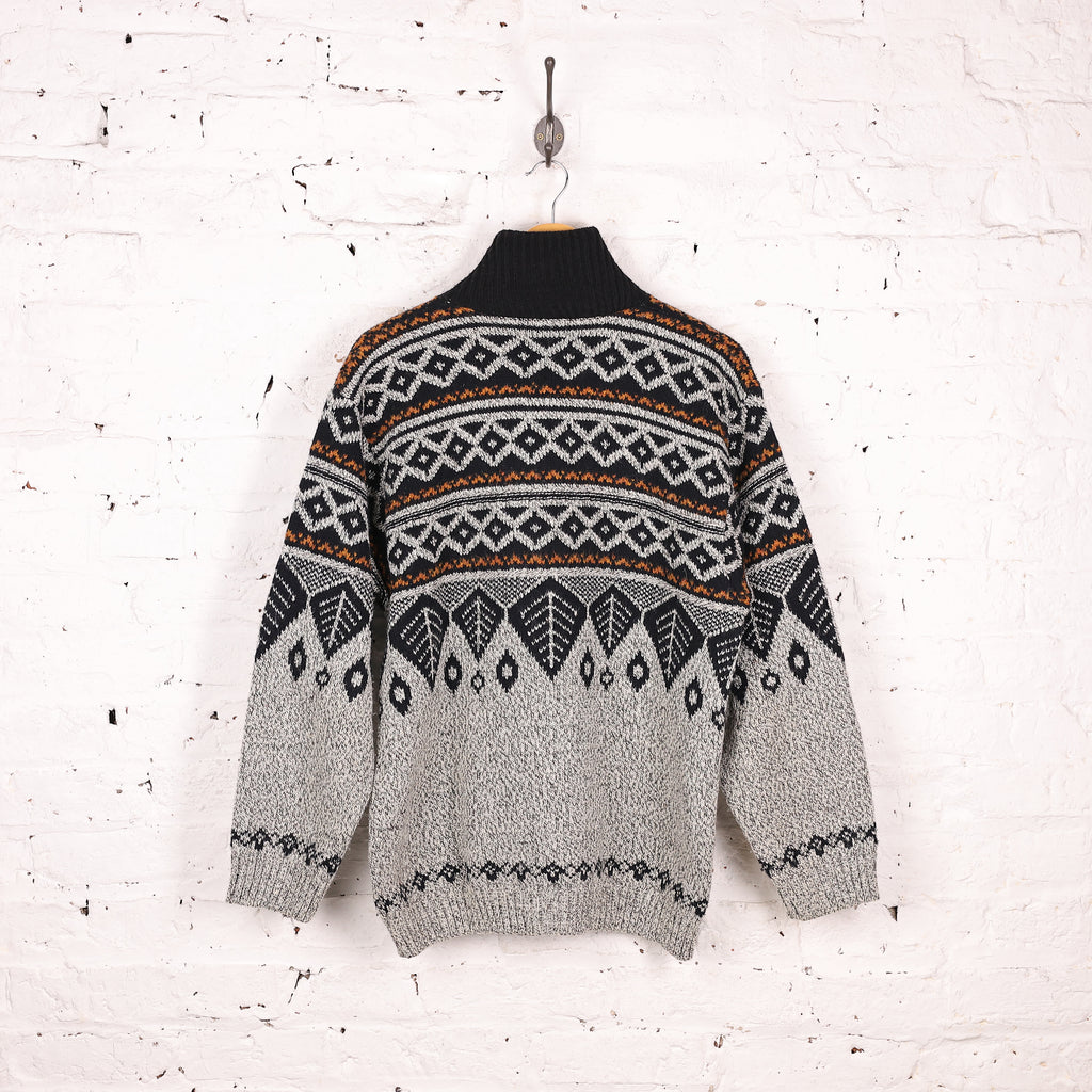 90s 1/4 Zip Pattern Knit Jumper - Grey - M