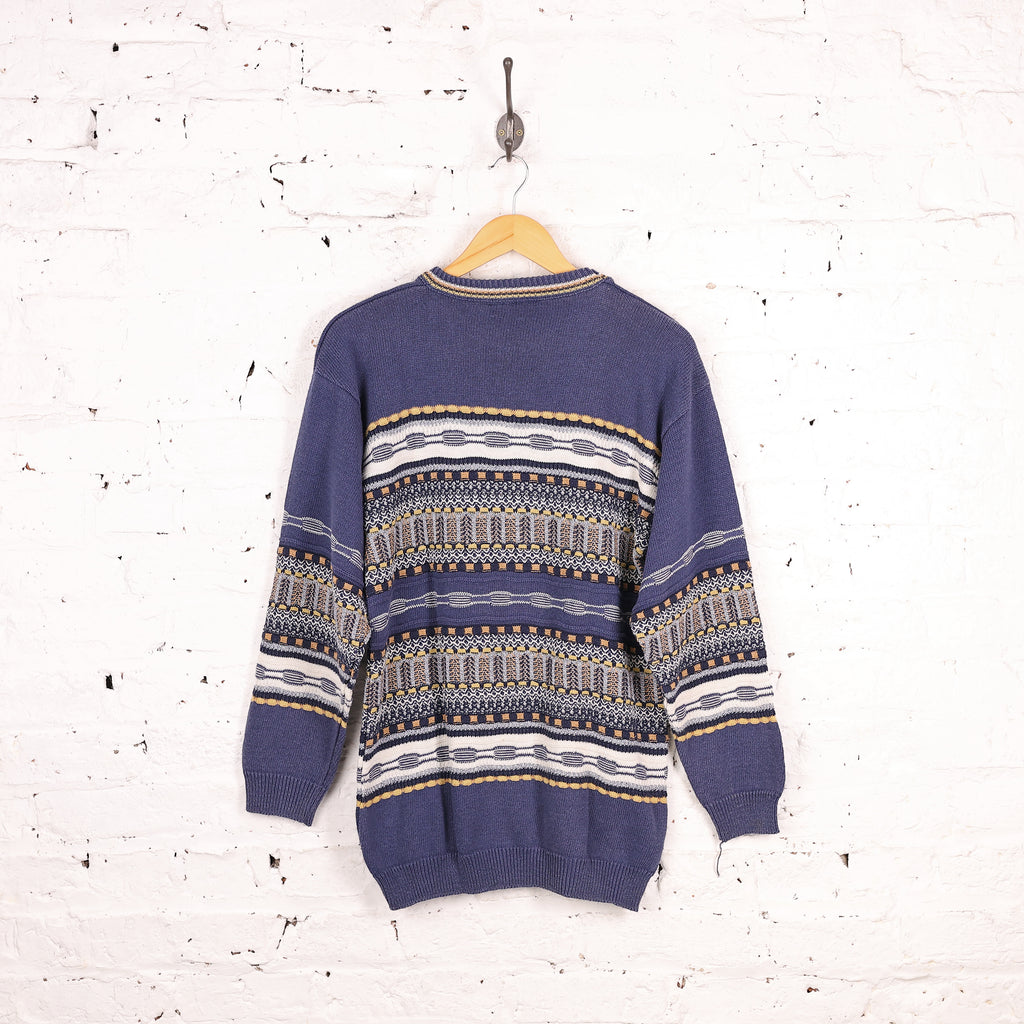 90s Pattern Texture Knit Jumper - Blue - L
