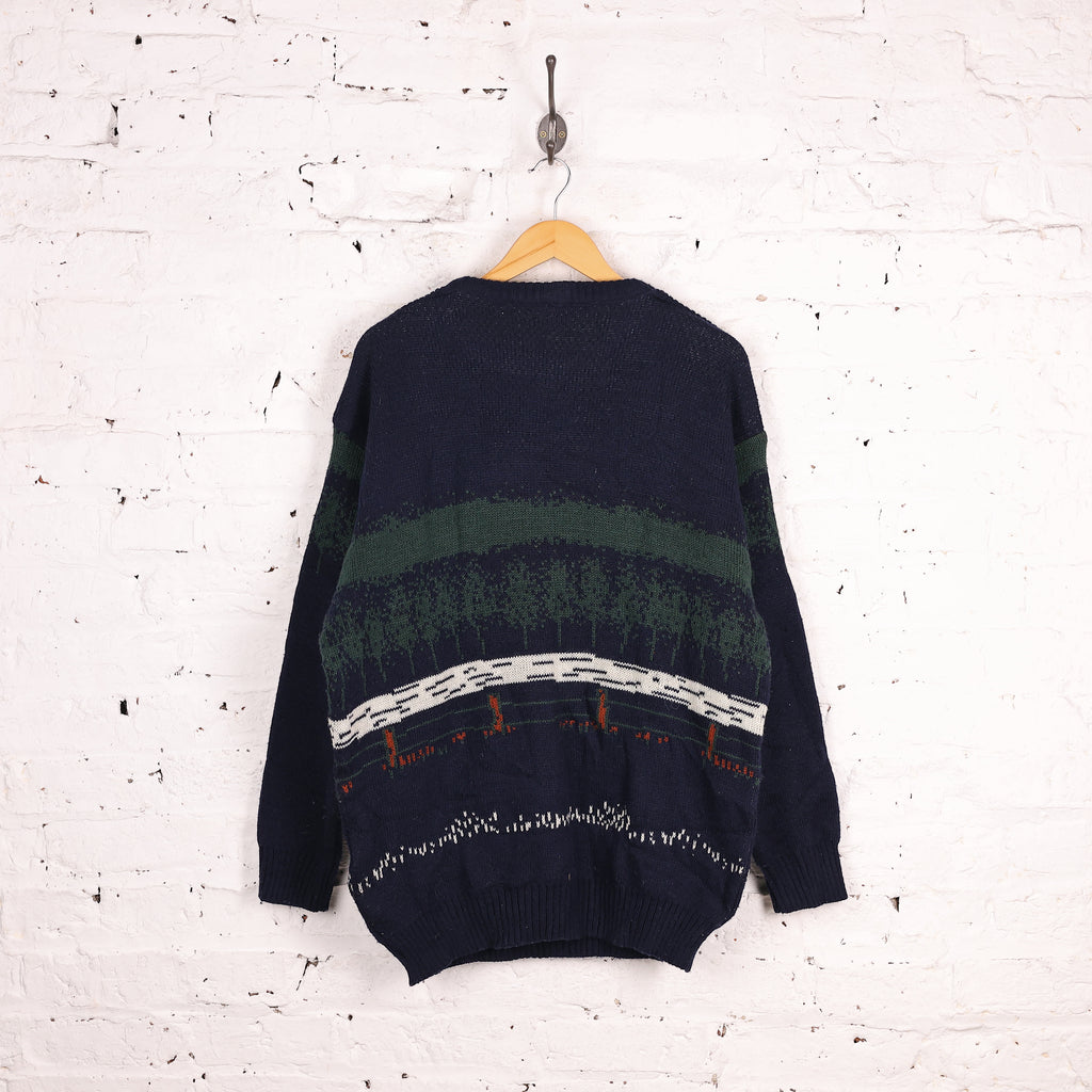 90s Dogs Pattern Knit Jumper - Blue - XL
