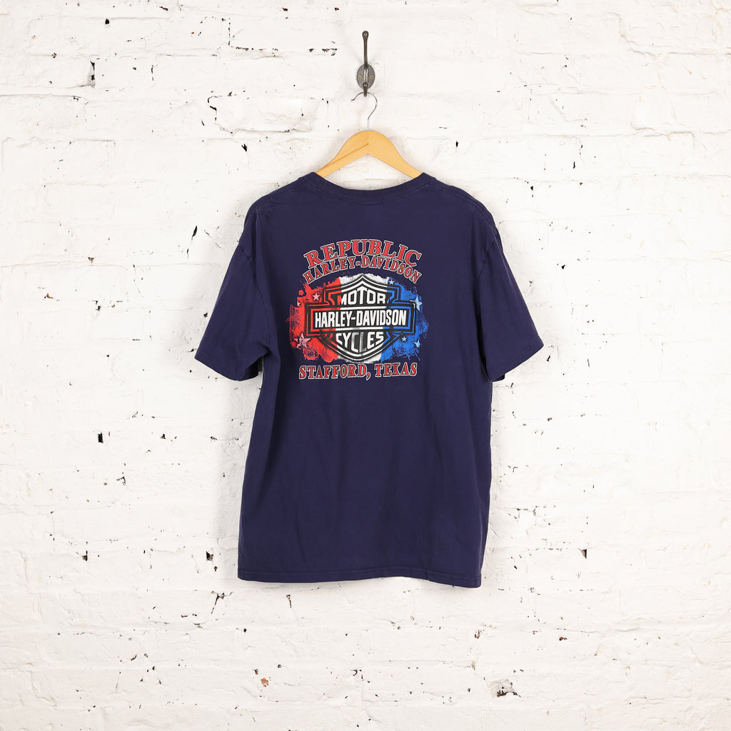 Harley Davidson Stafford Texas Dealership T Shirt - Blue - XL