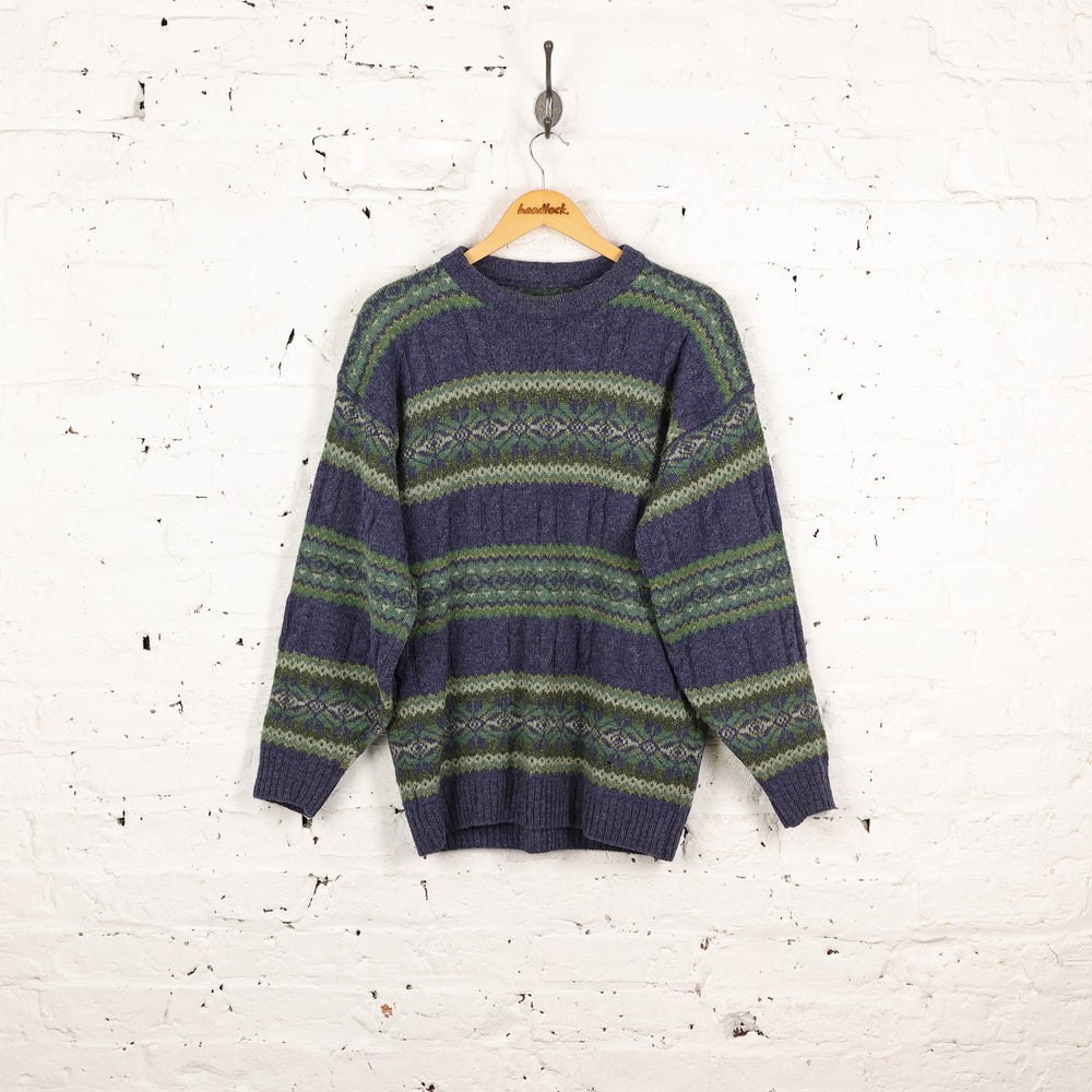 90s Cable Knit Pattern Jumper - Blue - M