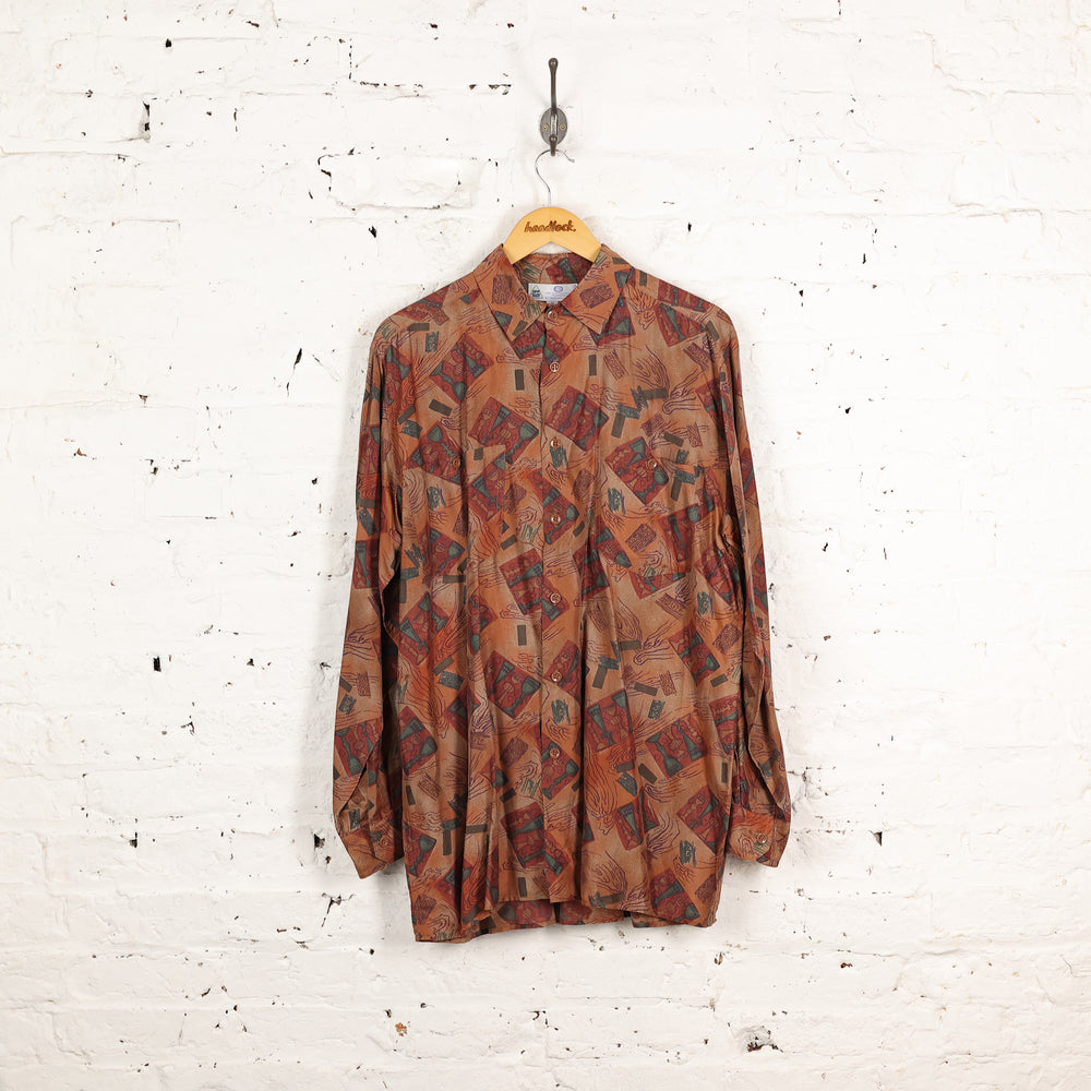 90s Long Sleeve Silk Pattern Shirt - Orange - M