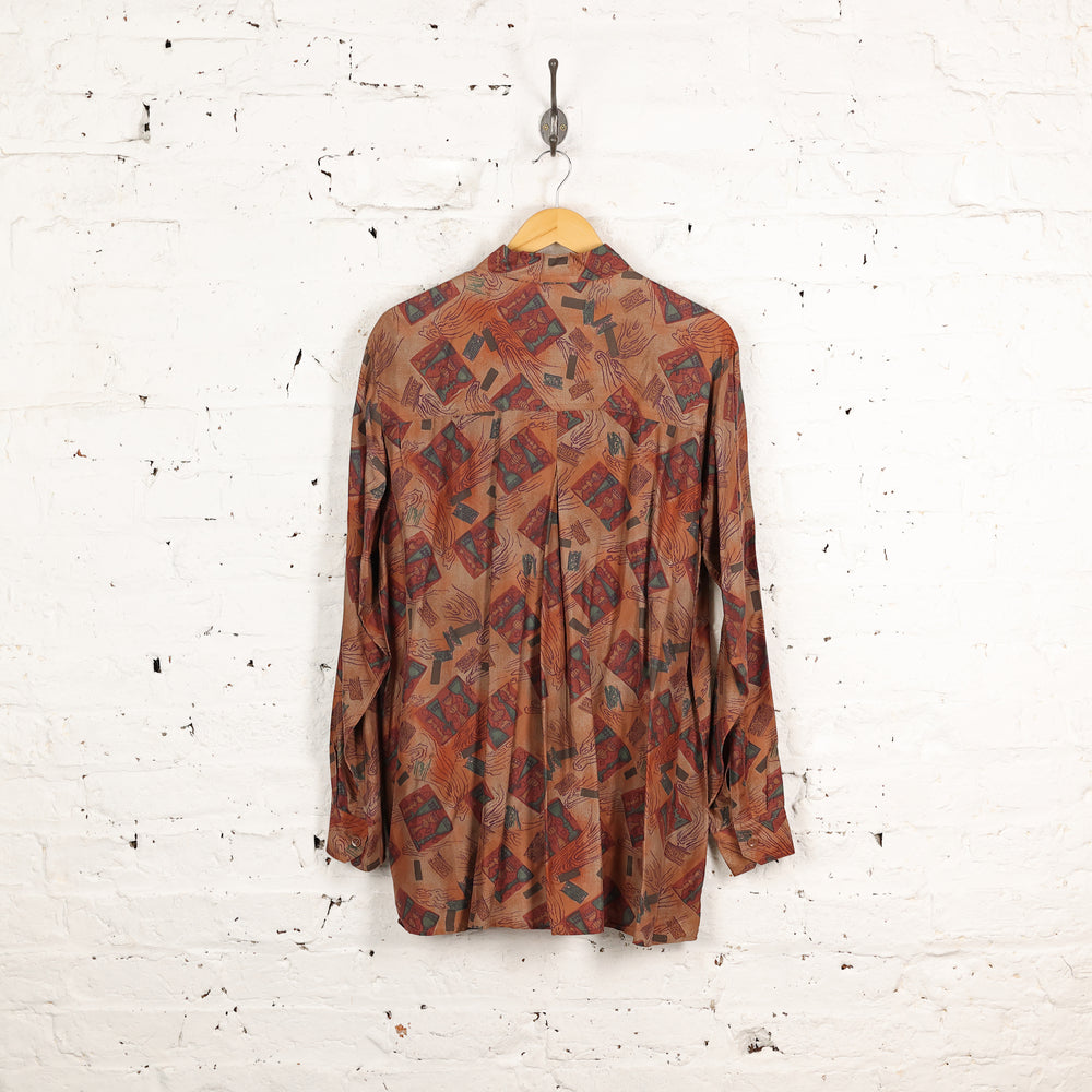 90s Long Sleeve Silk Pattern Shirt - Orange - M