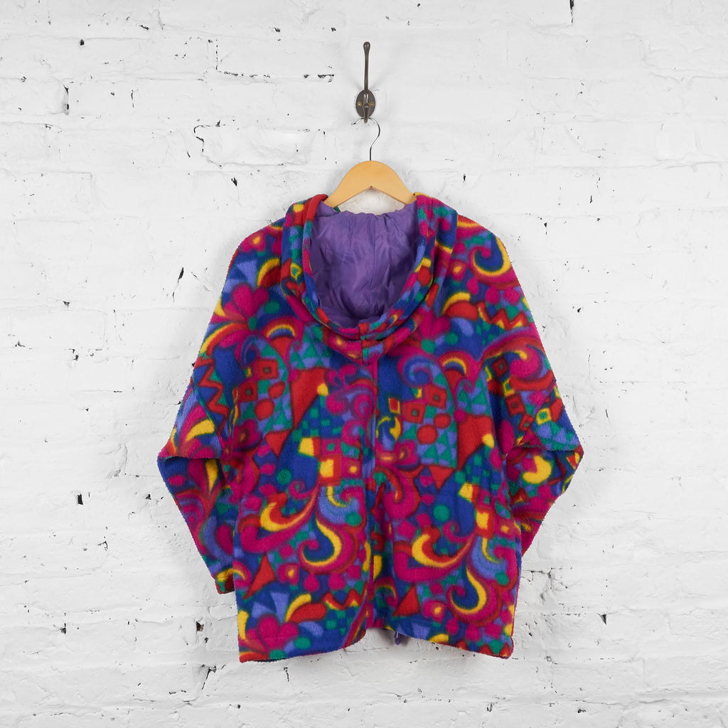 Vintage Zip Up Patterned Fleece Hoodie - Red/Purple - L - Headlock