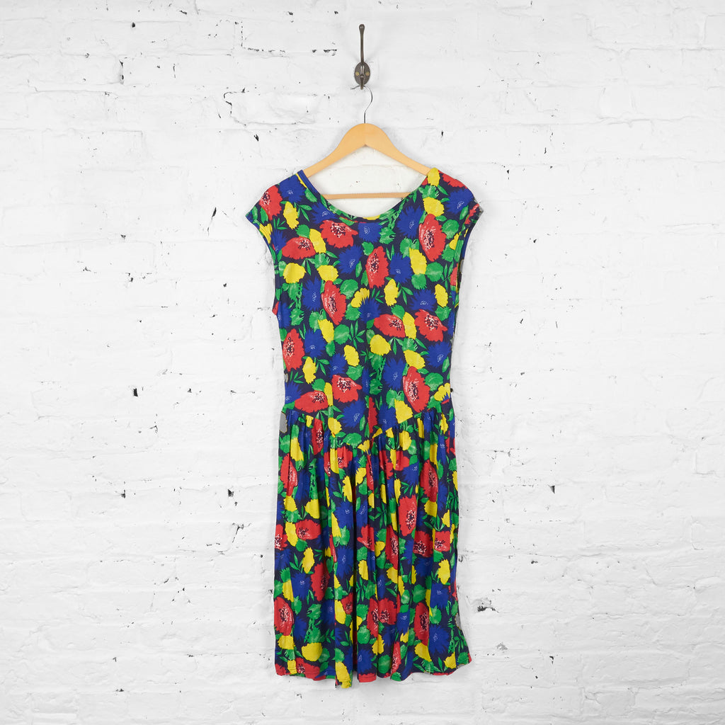 Womens Floral Print Dress - Green/Blue/Yellow - UK 12 - Headlock