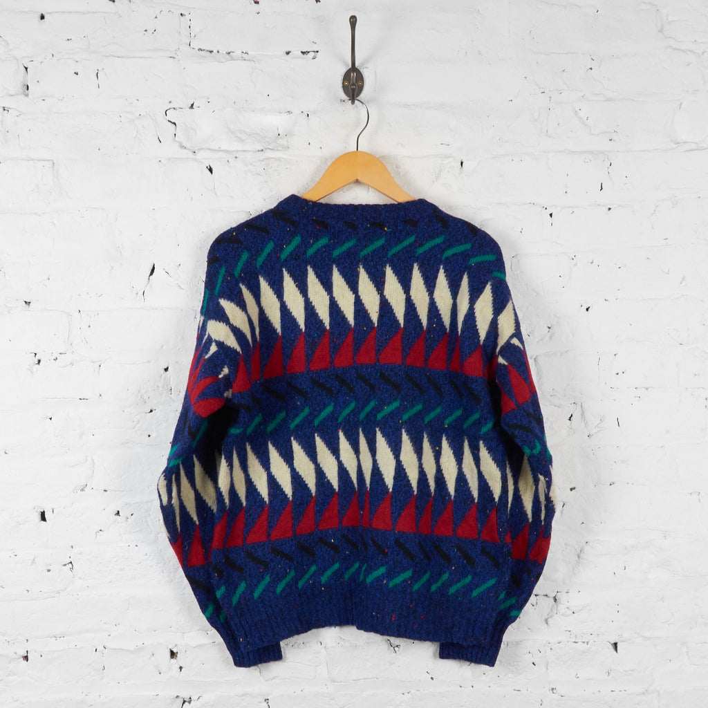 Vintage Patterned Wool Knit Jumper - Blue - M - Headlock