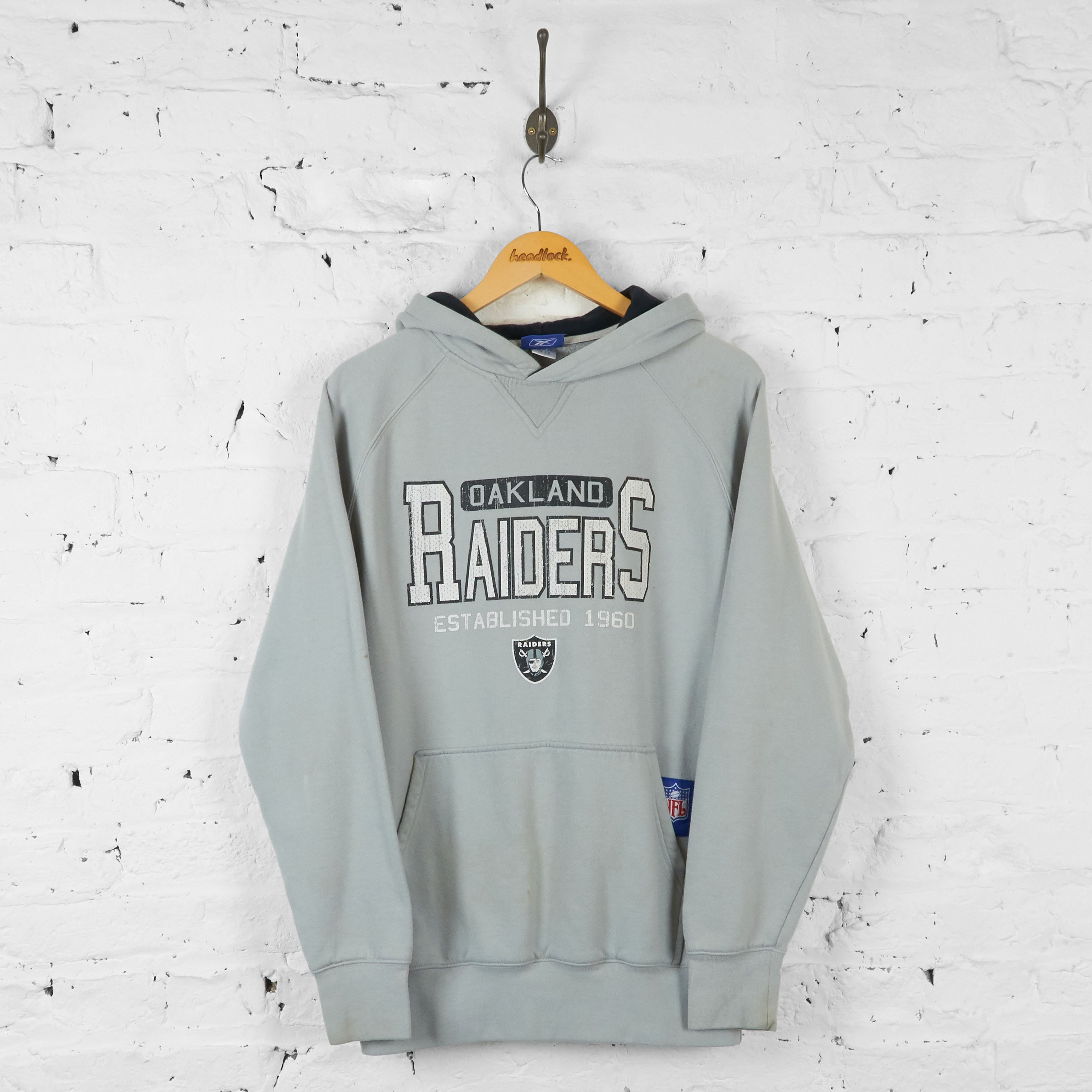 Vintage NFL Oakland Raiders Hoodie Grey Spell Out American 