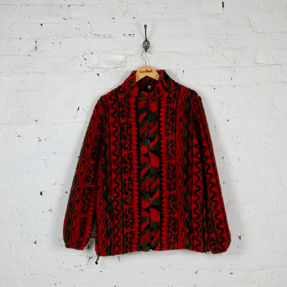 90s Aztec Pattern Fleece Jacket - Red/Black - L