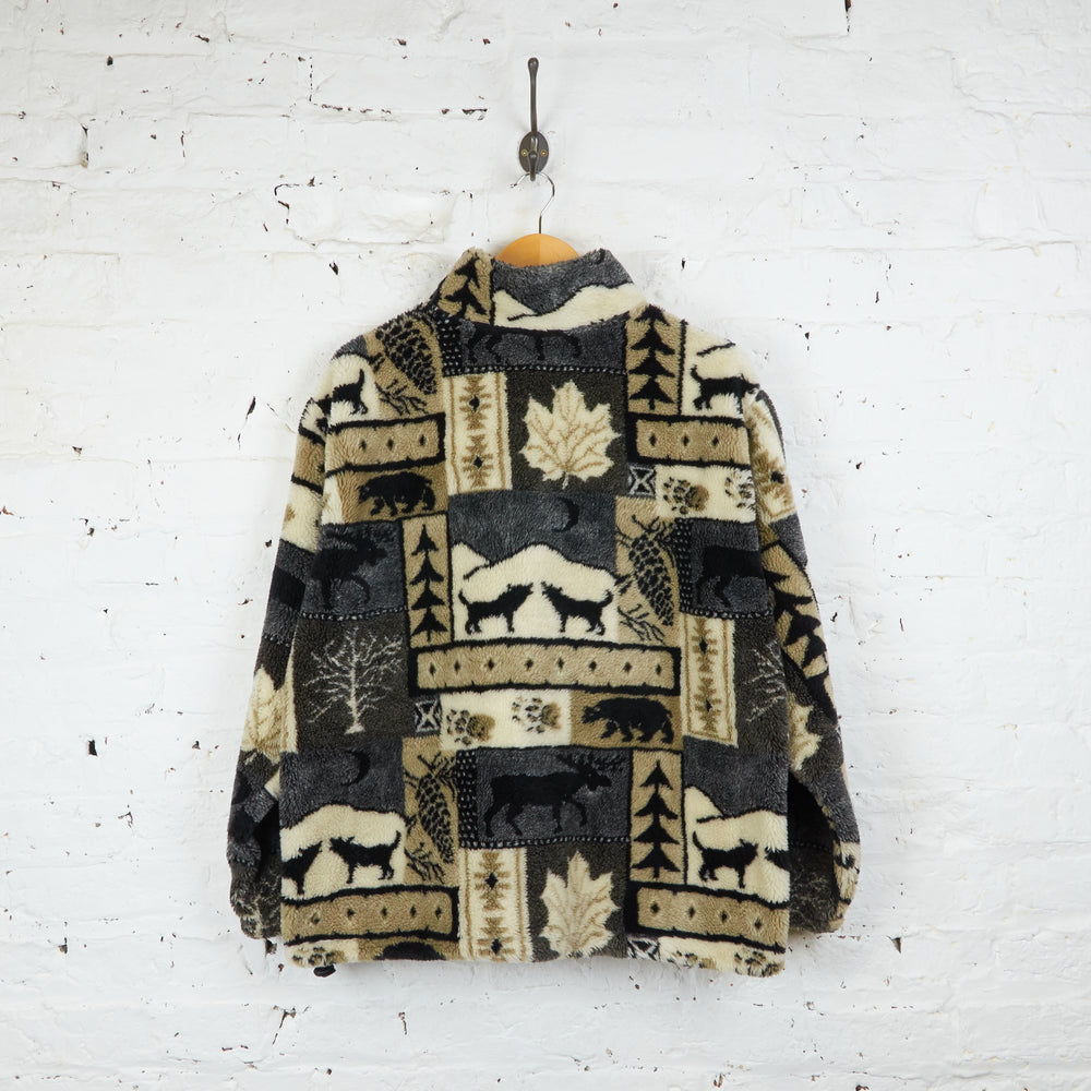 Wolf Pattern Fleece Jacket - Beige - L