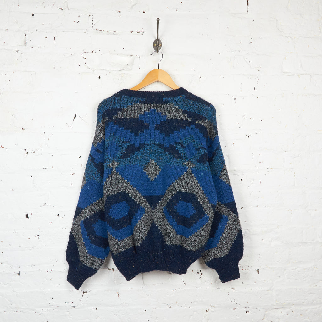 90s Pattern Knit Jumper - Blue - L