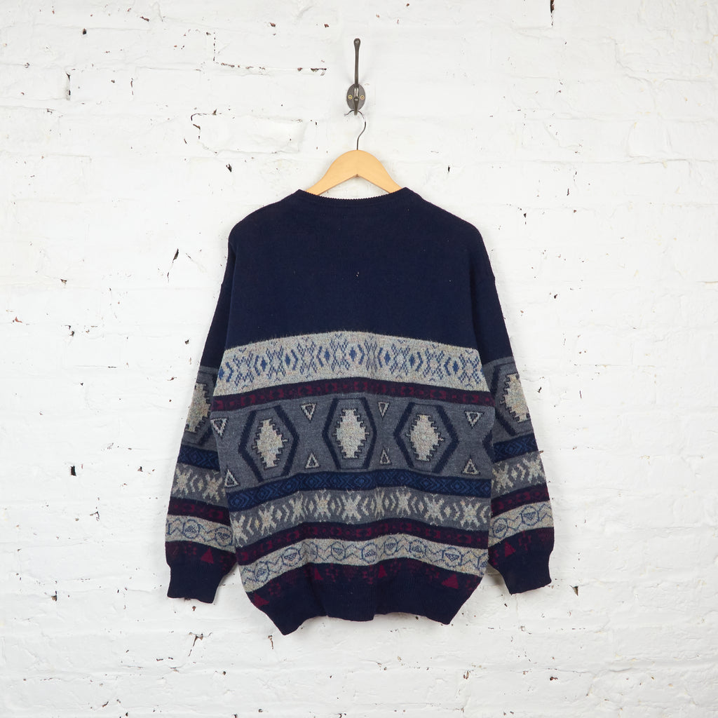 90s Pattern Knit Jumper - Blue - L