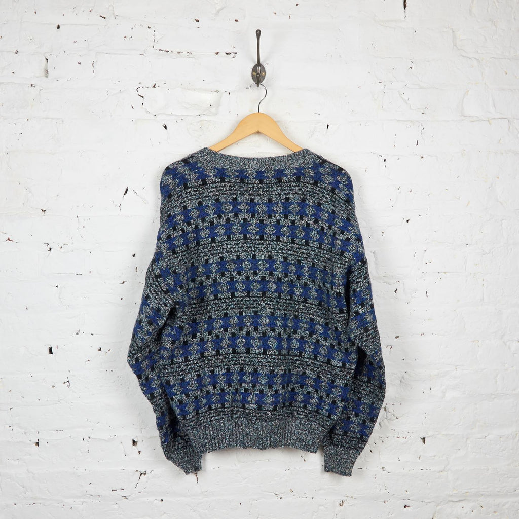 90s Pattern Knit Cardigan - Grey/Blue - XL