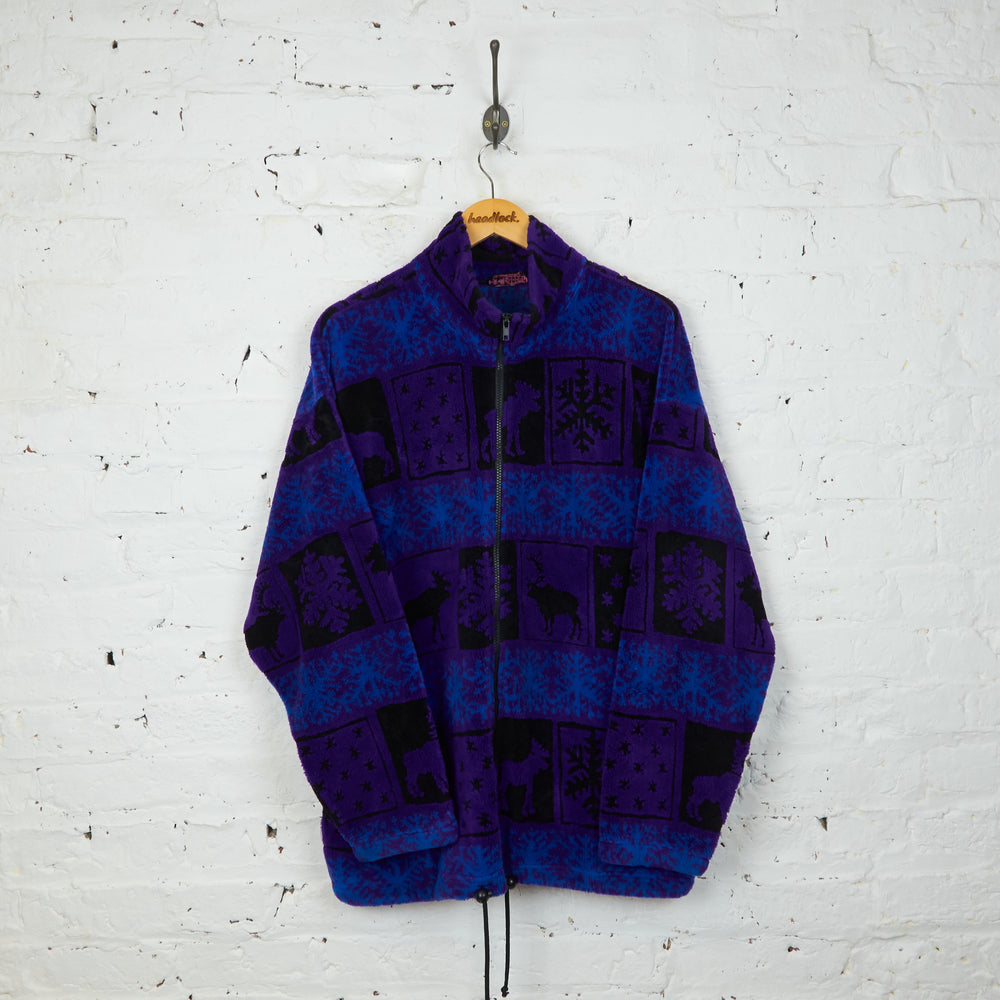 Snowflake Wolves Pattern Fleece Jacket - Purple - XL