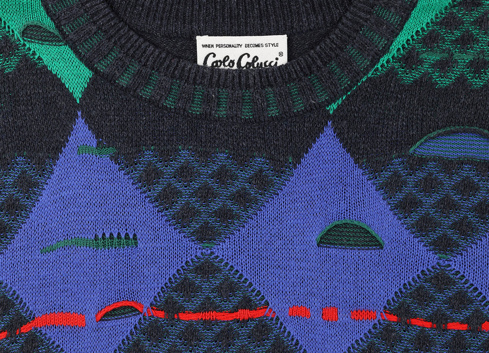90s Carlo Colucci Texture Pattern Knit Jumper - Blue - XL