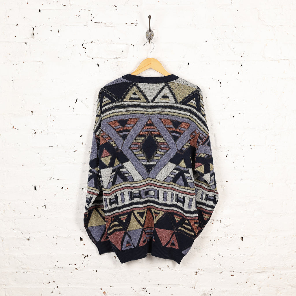 90s Pattern Knit Jumper - Blue - L