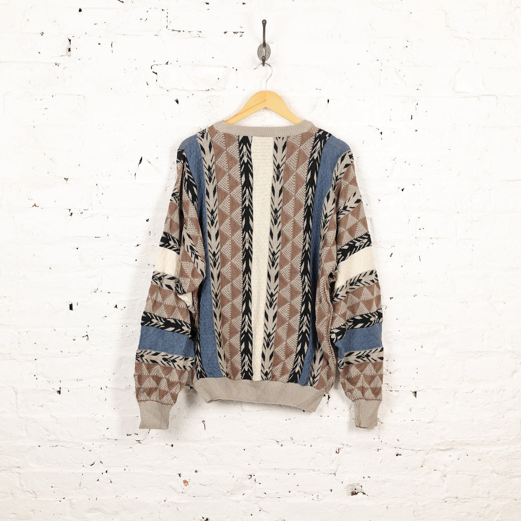 90s Pattern Knit Jumper - Beige/Blue - L