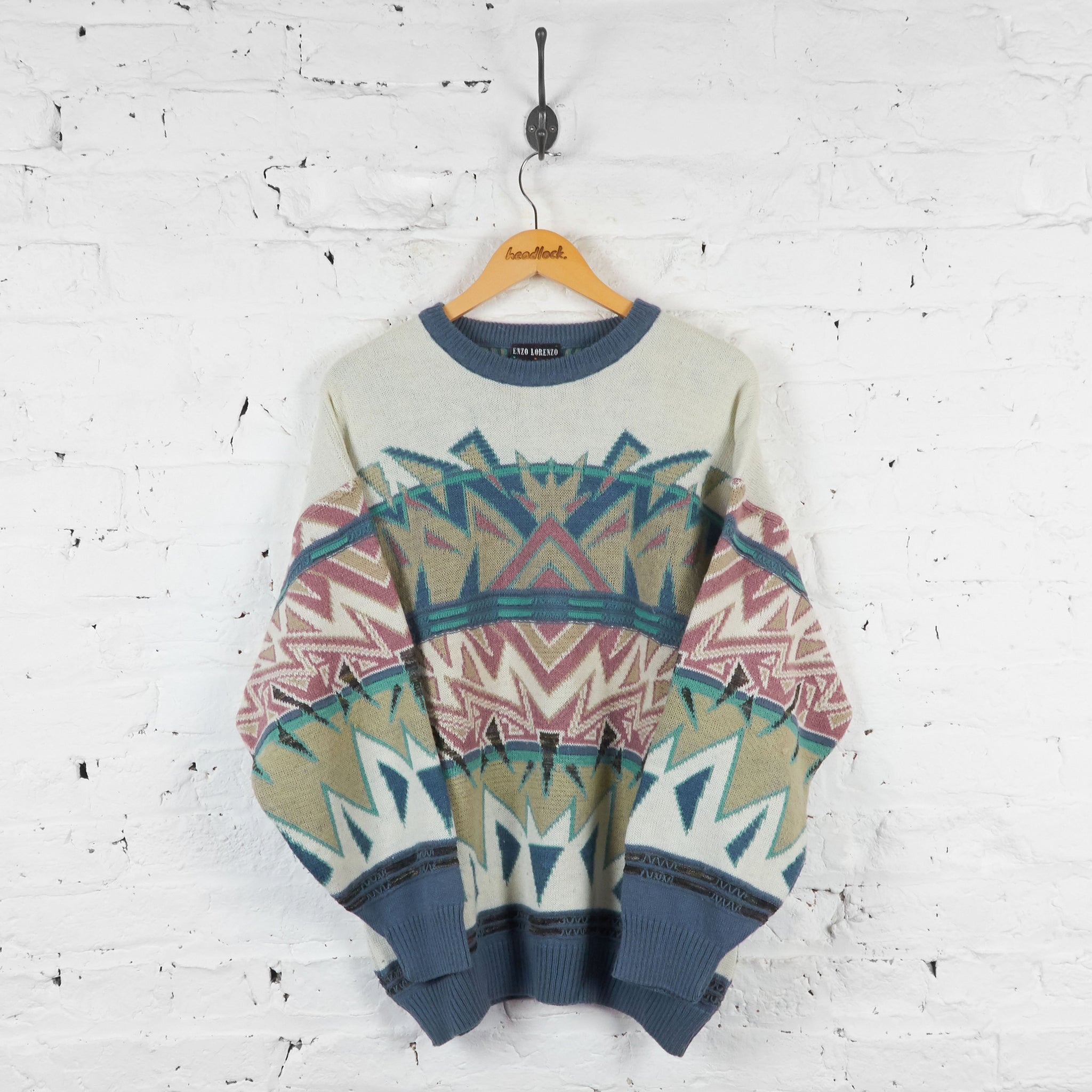 Enzo Lorenzo 90s Pattern Knit Jumper - Beige/Blue - L – Headlock
