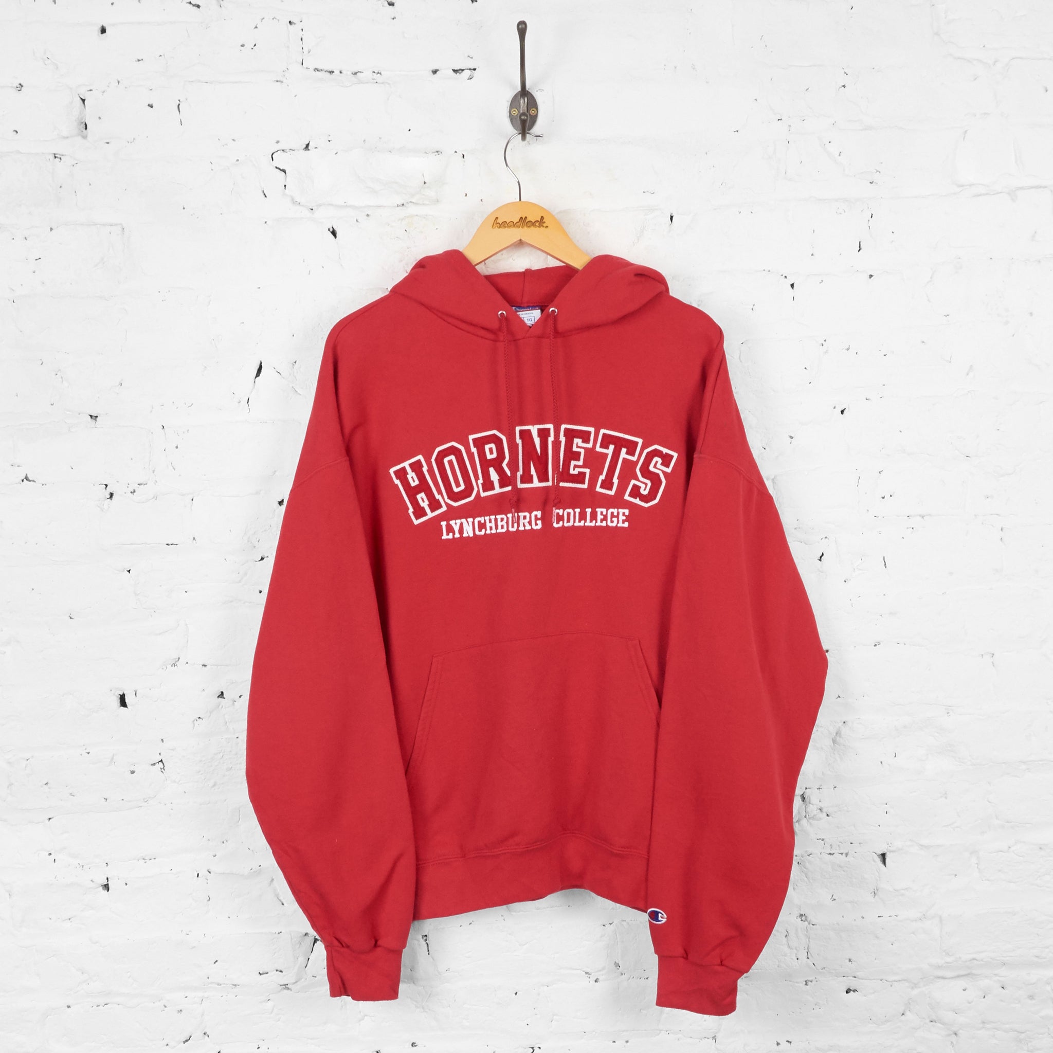 Vintage Champion Hornets Lynchburg College Hoodie Red XL Headlock
